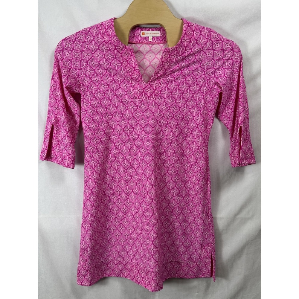 Jude Connally Megan‎ Pink Geometric Print Tunic Dress 3/4 Slit Sleeve Large